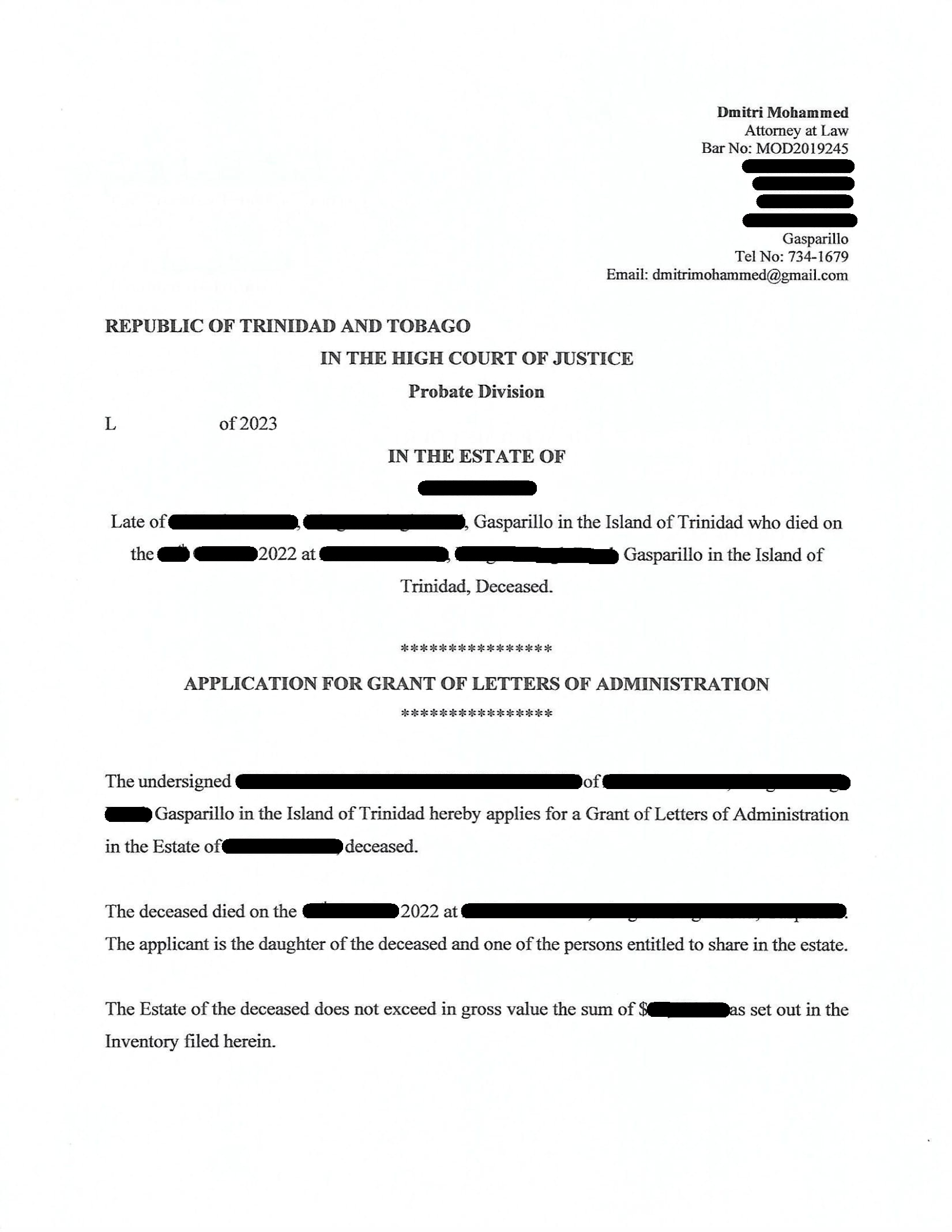 Letters of Administration Application full view