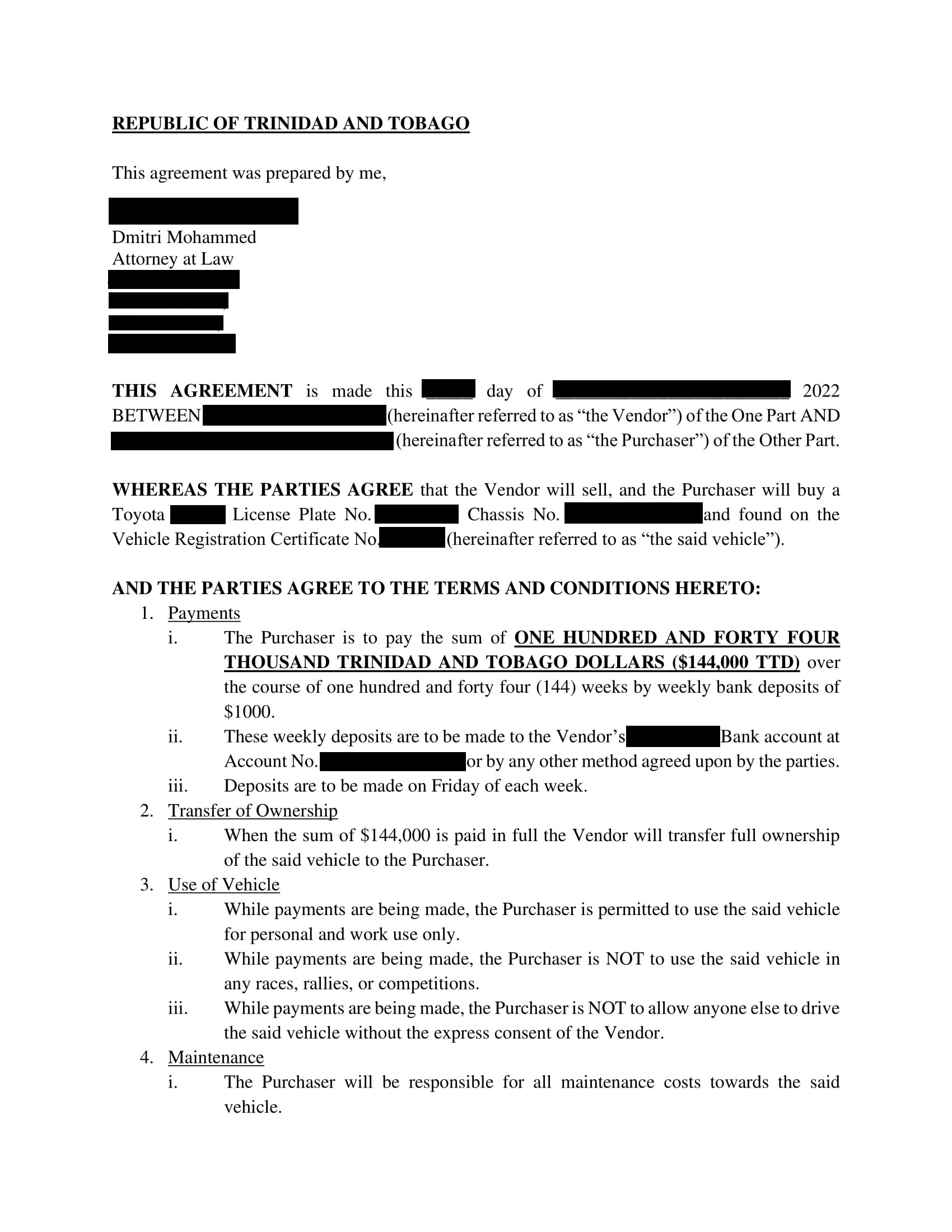 Agreement for Sale Toyota Sienta-1 full view